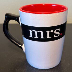 Stylish “Mrs.” White, Red &  Black Ceramic Mug  w/ Heart  Shape  Line Drawing